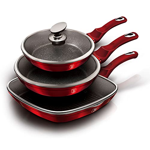 Berlinger Haus Burgundy Juego 2 Sartenes y Grill Inducción 20-24-28cm con Tapas de Vidrio,...