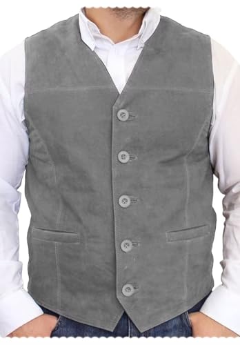 Men's V-Neck Suede Suit Vest Single Breasted Business Slim Fit Faux Leather Waistcoat