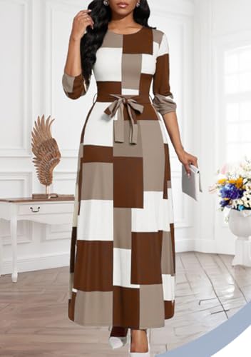 Image of BubFee Long Dress for Women Casual Long Sleeve Dresses Maxi Dress Empire Waist Loose with Belt