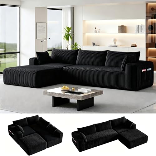 Image of 108 inch Cloud Couch Modular Sectional Sofa for Living Room,L Shaped Boneless Couch with Deep Seat Chaise,No Assembly Required Foam Sleeper Sofa for Apartments,Plush Corduroy Fabric, Black Gray