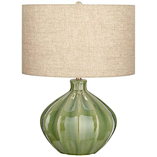 360 Lighting Gordy Modern Country Cottage Table Lamp With Usb Charging Port 20.5" High Green Ribbed Ceramic Oatmeal Fabric Drum Shade For Living Room Desk Bedroom Bedside (Color May Vary) #TOP11