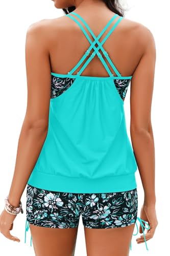 Image of Holipick Tankini Swimsuits Two Piece Tummy Control Bathing Suits Blouson Swim Tank Top with Boy Shorts