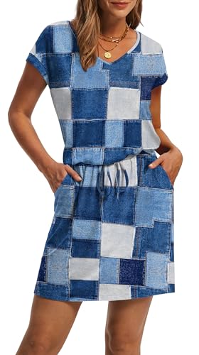 Image of OFEEFAN Summer Dresses for Women 2026 V Neck T Shirt Casual Mini Dresses Tie Waist Sundresses with Pockets
