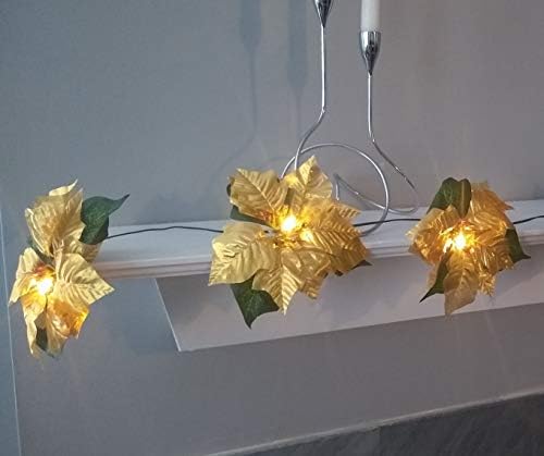 Cordless Lighted Poinsettia Garland festive decoration - no outlet needed - Gold
