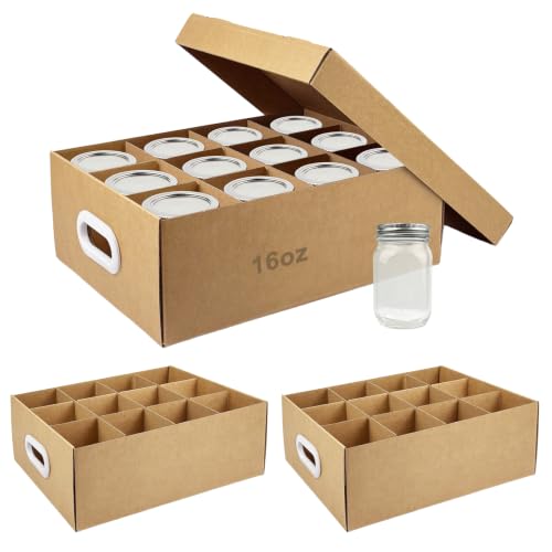 SkyJourney 3 Pcs Canning Jar Storage Boxes Cardboard Mason Jar Storage Box 16 oz with Handles and Dividers Stackable Mason Jar Organizers and Storage Heavy-Duty Kraft