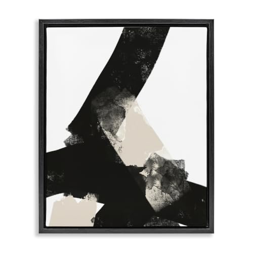'Bold Black Shapes Curved Stripe Abstract'| Floating Frame Canvas Art