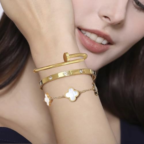YOYONY Stackable Bracelets 3 pcs 18K Gold Nail Bracelet,Oval Love Cuff Bracelet,Four Leaf Clover Chain Bracelet,Stainless Steel,7 Inch,Open Buckle Style,Gift For Women.3
