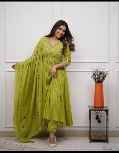 Image of KANCHAN TRADERS Women's Cotton Round Neck 3 /4 Sleeve Chikankari Embroidered Printed Kurta Palazzo with Dupatta Set