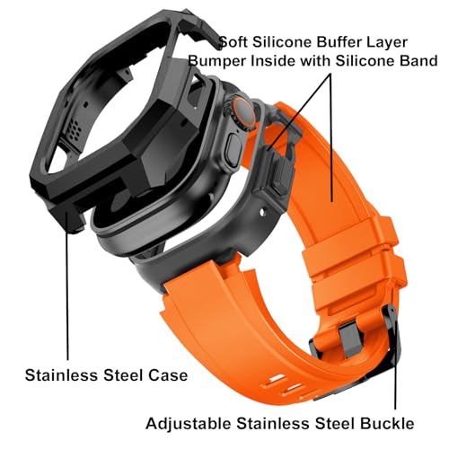 Image of Luxury Metal Case with Band Compatible for Apple Watch 44mm 45mm 46mm 49mm,Men Rugged Protective Bumper Cover with Soft Silicone Strap for iWatch Series 11 /10 /9 /8 /7 /6 /SE3 /SE2 /SE /5 /4 and Ultra 3 /2 /1 49mm