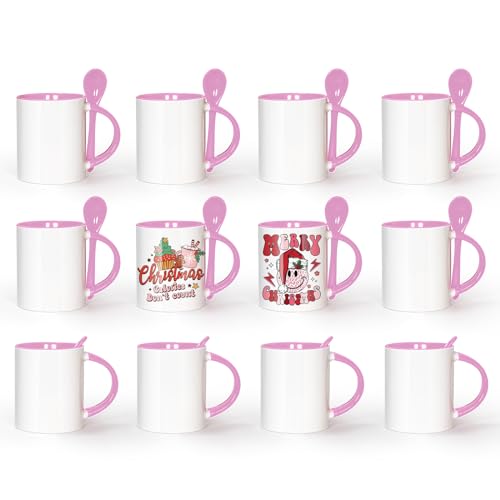 AGH Sublimation Coffee Mugs Blank 11 oz, White Straight Ceramic Cups with Pink Interior, Handle, Spoon, Bulk Bundle Set of 12