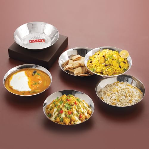 Image of HAZEL Stainless Steel Small Copri Plate 15.5 cm, Pack of 6 | Hammered Design Snacks Plate Nasta Plate for Serving Food & Daily Use, 400ml