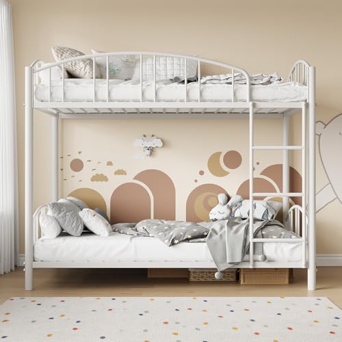 Garvee Bunk Bed Twin Over Twin with Ladder and Arched Guardrail, Heavy Duty Bunkbeds Frame with Sturdy Steel Slats Support for Kids Boys Girls, Space-Saving, No Box Spring Needed, White