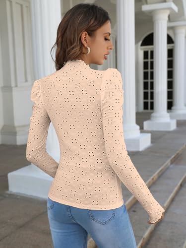 Image of Sugathari Girl's & Women's Spring /Summer Slim Fit High Neck T-Shirt with Stand Collar, Cap Sleeves and Eyelet Embroidery Frill Trim Tee Textured Sheer Fabric (T-Shirts 194 $P)