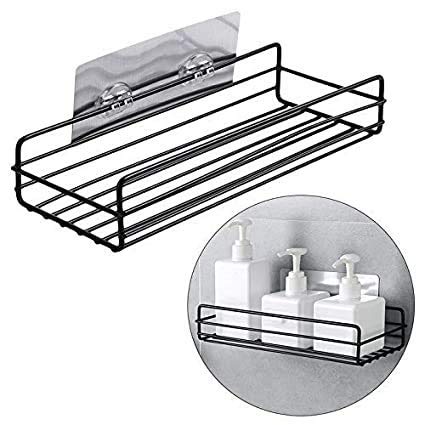 Luxansa Self Adhesive Wall Mounted Kitchen Storage Hanging Rack Basket with Tissue Holder and Kitchen Towel Holder Wardrobe Hanging Organizer Bathroom Storage Accessories - Black (Plain Rack) 2