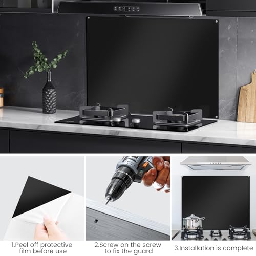 Image of Stainless Steel Stove Backsplash Panel - Ultra Flat Black Metal Splatter Guard for Kitchen Wall & Range Hood, with 4 Pre-Drilled Holes - Easy Install Stove Backsplash Protector （ 29.5 inch x 24 inch ）