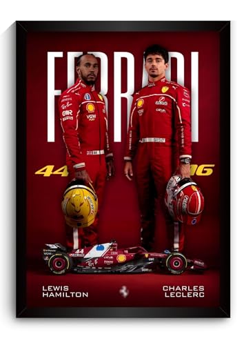 Image of Ferrari F1 Poster | Lewis Hamilton & Charles Leclerc Framed Ferrari F1 Car A4 Sized (31 x 23 cm) | Lewis Hamilton Poster | Ferrari Car Frame Posters for Wall, Gift for Boys, Formula 1 Frames | Formula 1 Framed (F 015)