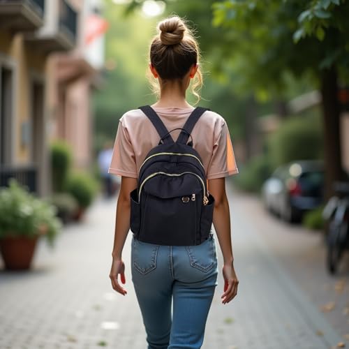 Image of M-ioi-M Compact Small Fashion Backpack Purse for Women, Chic Mini Daypack with Gold-Tone Hardware, Casual Minimalist Lightweight Water-Resistant Nylon Bag for Petite Women & Daily Essentials (Black)