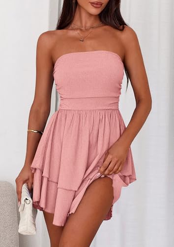 Image of PRETTYGARDEN Women's 2026 Summer Strapless Tube Mini Dress Off Shoulder Smocked Ruffle A Line Flowy Short Party Club Dresses