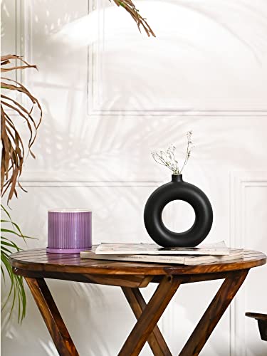 Image of Purezento Beautiful Ceramic Decorative Vases with Unique Quality for Home Decor,Center Table, Flowers Pot, Bedroom Side Corners, Living Room Decoration,and Party Centerpieces- (Black,Donuts 6 inch VASE)