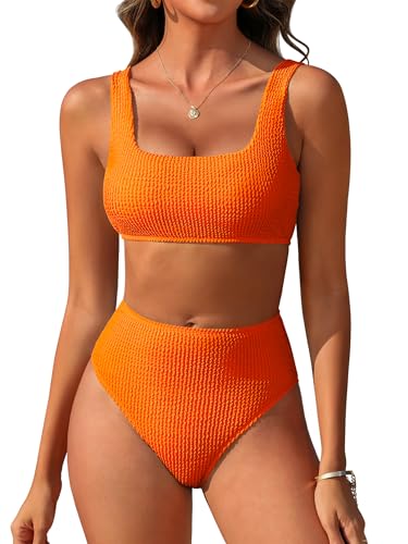 Image of ANRABESS Women' Two Piece Bikini Sets, High Waist Square Neck Swimsuits ,Ribbed Textured Comfy Bathing Suits,Beach Swim Wear