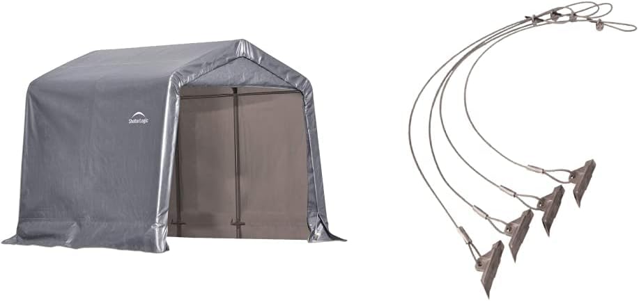 ShelterLogic 8' x 8' Shed-in-a-Box All Season Steel Metal Frame Peak Roof Outdoor Storage Shed with Waterproof Cover and ShelterLogic 4-Piece Easy Hook Anchor Kit