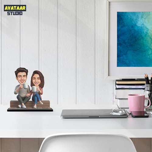 Image of Wood Rectangular Personalized Caricature Gift for Couple, 7 Inches, Tabletop Multicolor, Art Deco Style