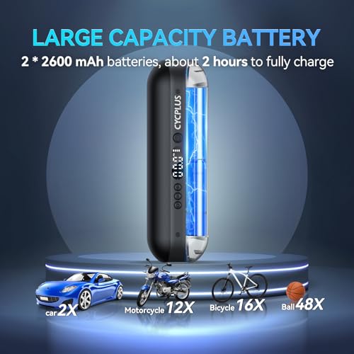 Image of CYCPLUS Portable Electric Tire Inflator Bike Pump,150PSI Auto Off | Fast inflation, LED light, Built-in Hose, 2600mah Battery, Presta and Schrader Valve, for Car, Motorcycle, Bike and Ball