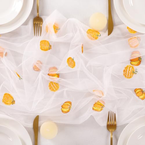 Image of Pumpkin Embroidery Fall Table Runner White Sheer Tulle Table Runner, 3PC