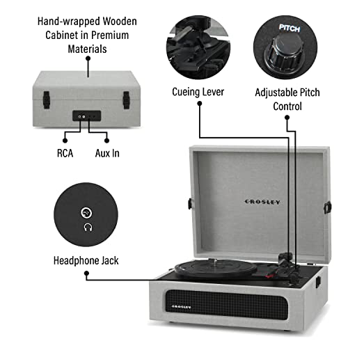 Image of Crosley CR8017B-GY Voyager Record Player, Gray | 3-Speed Turntable, Bluetooth In / Out, Built-in Full-Range Stereo Speakers, Adjustable Pitch Control