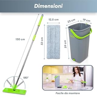 EasyGleam Mop Lavapavimenti Professionale con Secchio Doppia Vasca Touchless, Panni in Microfibra e Spazzolone - Pulizia Efficiente per Pavimenti - ‎Microfibra - 22,8 x 18,8 x 39 cm