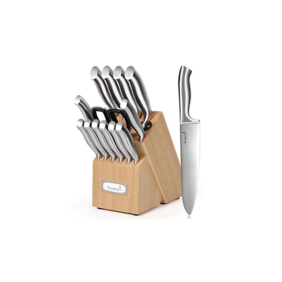 Kuisine Premium Sharp Knife Set,Carbon Steel Knife Set Forged,Ergonomic Handle Knife Block Set,Kitchen Block Knife Set,Chef Knife Set Built-in Sharpener(Silver Pro, 15PCS)
