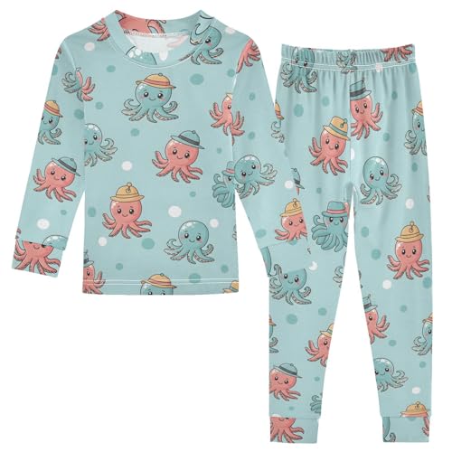 Pajama Sets Long Sleeve Cute Octopus Pattern with Hats Soft Comfy Sleepwear 2 Piece PJS 3-8T
