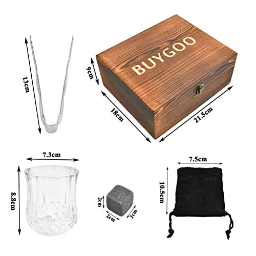 BUYGOO Whiskey Stones and Whiskey Glass Gift Boxed Set, 8 Granite Chilling Whisky Rocks, 2 Glasses in Wooden Box, Great Gift for Father\'s Day, Dad\'s Birthday or Anytime For Dad, Including Ice Tongs
