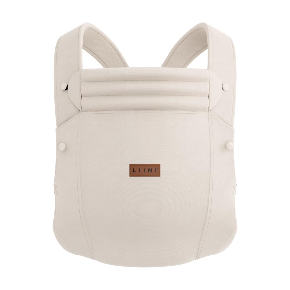 LIINI® Babytrage aus Baumwolle (Graubeige) – ab Geburt 3,5 kg bis 15 kg, ergonomisch & verstellbar, Kopfstütze, Klickverschluss – CE EN71-3 & SGS EN13209-2