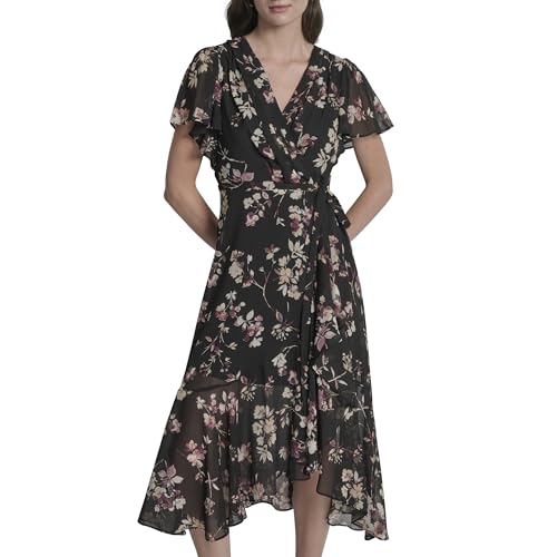 DKNY Women's Cap Sleeve Surplice Neck Side Tie Faux Wrap Midi Dress