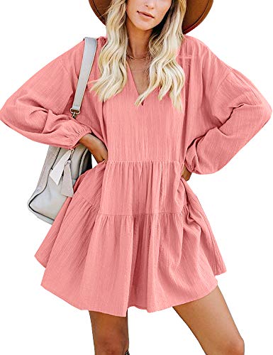 Fancyinn Long Sleeve Shift Tunic Dress Ruffle Swing Babydoll Juniors Mini Pink Ruffle Dress With Pockets Pink M #TOP3