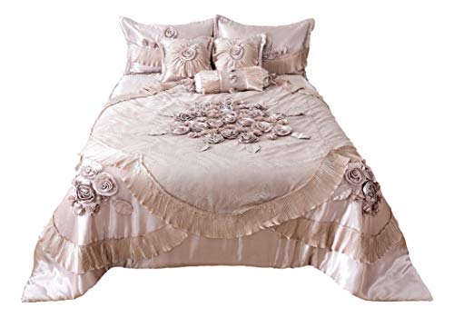 Tache Satin Silky Lustrous Floral Lace Ruffle Sweet Victorian Royal Glam Champagne Beige Down Alternative 6Pc Comforter Set - Queen #TOP14
