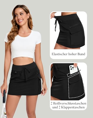 Timuspo Sommerrock Damen Atmungsaktiv Sportrock mit Hose Elastischer Bund Tennisrock Lässig Schwarz Cargo Rock mit Taschen S