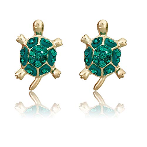 AVORA 10K Yellow Gold Green Turtle with Crystal Stud Earrings