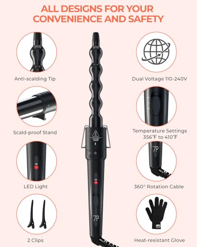 Image of 7 in 1 Curling Wand Set: Ohuhu Curling Iron Wand 7Pcs 0.35 to 1.25 Inch Interchangeable Ceramic Barrel Heat Protective Glove 2 Clips Dual Voltage Hair Curler Women Black