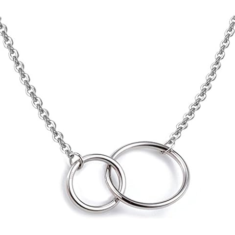Fashion HW Sterling Silver Necklace S925 with Interlocking Two Circles Pendant Necklace, 18"+2" Extender Cover