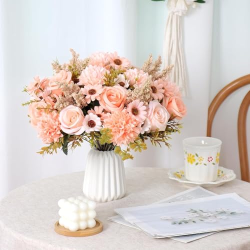 Image of Artificial Flower Bouquet for Home Decoration - 2 Pcs Faux Rose & Daisy Bouquet (Without Pot) Artificial Flowers for Living Room, Bedroom, Office, Vase Decoration (Peach)