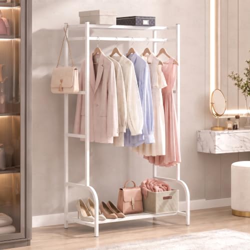 Image of Lukzer Metal Cloth Stand with Bottom Shelf | Freestanding Garment Stand for Hanging Clothes, Towels & Shoes | DIY Storage Organizer Rack for Bedroom, Laundry, Balcony & Entryway (White /80x150x43 cm)