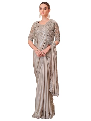 Image of AKHILAM Women's Heavy Georgette Sequence Work & Unstitched Jacket Saree With Unstitched Blouse Piece
