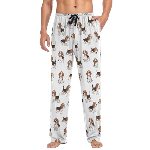 Mens Soft Pajama Pants for Dad Brother Cute Beagle Dogs White S3