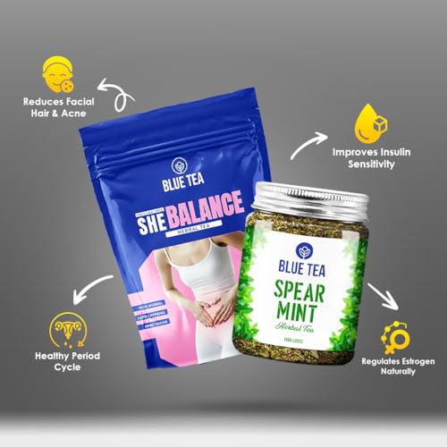 Image of BLUE TEA - Combo Pack - She Balance Tea (30 Teabags - 30 Cups) & Spearmint Herbal Tea (100 gm - 100 Cups) | PCOS & PCOD relief | Helps in Balancing Hormones | Caffeine Free | Zipper & Pet Jar