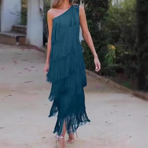 Womens Dresses One Shoulder Maxi Party Elegant Fringed Tassel Evening Dress2