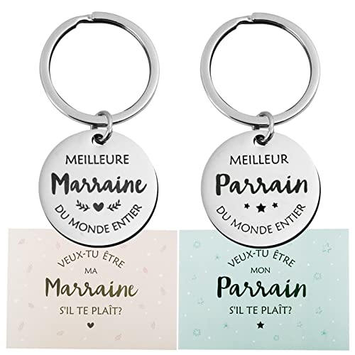 2Pcs Porte Clé Cadeau Parrain Marraine Porte Clef Idée Cadeau Annonce Naissance Demande Invitation Parrain Marraine pour Baptême Noël Fête avec Carte Voeux Enveloppe