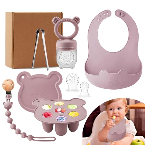 Image of LittlesJoy Silicone Baby Fruit Feeder Set with Mini Freedzer Nibble Tray, Breastmilk Popsicle Mold with Baby Bib and Pacifier Clip, BPA Free Teether for Safe Infant Self Feeding, 4 Month+(Dusty Lilac)