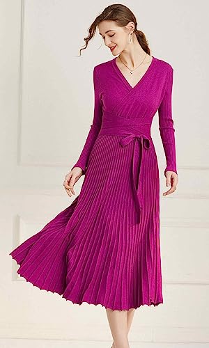 Image of Women's Long Sleeve Sweater Dress Ankle Length Fall Dress Vneck Knit Winter Dress